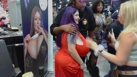 Media: Video of a lively convention scene featuring a busty woman in a red dress, a tattooed woman with purple hair, and a diverse group of attendees.