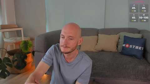 Media: Video of a bald, fair-skinned man with a trimmed beard in a light blue t-shirt, sitting on a grey sofa with beige pillows, in a modern living room with a digital clock displaying 4:50.