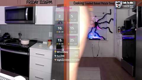 Media: A video of a modern kitchen with a microwave, oven, and a white countertop with utensils. A video overlay shows a baking timer and a recipe display.