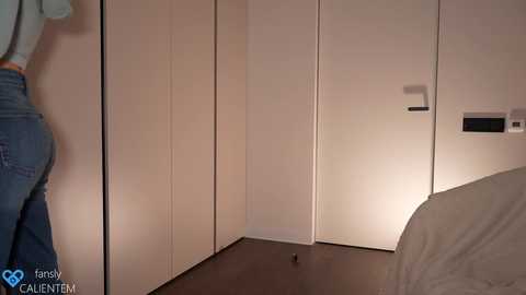 Media: Video of a minimalist, modern bedroom with beige walls and wooden floor, featuring a large closet with sliding doors, a bed with white sheets, and a person partially visible in blue jeans.