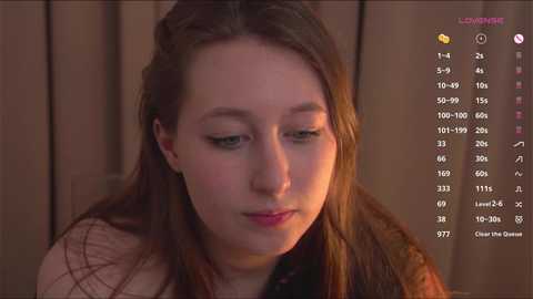 Media: A video of a young woman with fair skin and long brown hair, wearing a pink sweater, looking introspective against a wooden background.