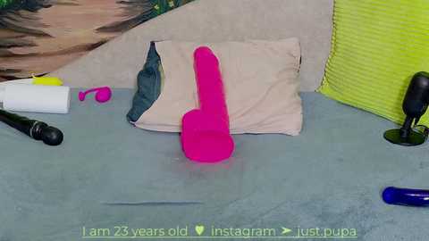 Media: Video of a messy bedroom floor with scattered sex toys, including a bright pink dildo, a black vibrator, a blue dildo, and a yellow dildo.