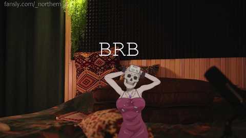 Media: A CGI screenshot of a CGI skeleton woman with a crown and pink dress, in a dimly lit bedroom with patterned bedding and a black wall. Text overlay reads \"BBR.\