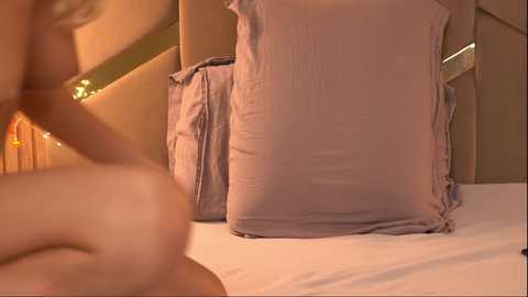 Media: Video of a person with light skin, possibly a woman, kneeling on a bed with a beige headboard, surrounded by multiple soft, mauve pillows.