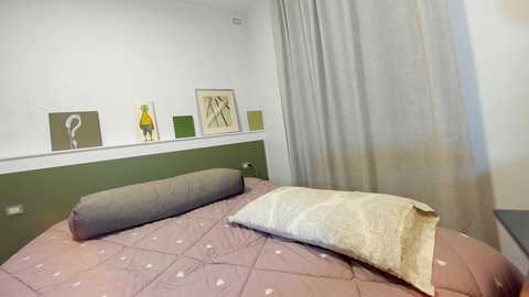 Media: Video of a minimalist bedroom with a green headboard, beige quilted bedspread, two pillows, a beige cushion, and grey curtains. Artwork and a vase on the white wall.