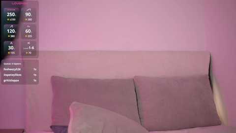 Media: Video of a minimalist bedroom with a beige headboard and two pillows, soft pinkish light, and digital display showing 25\u00b0C temperature and 30% humidity.