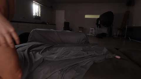 Media: A dimly lit, cluttered room with a grey couch covered in a blanket, a person's hand visible, and a large black object in the background.