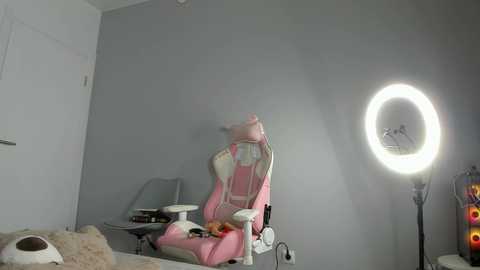 Media: Video of a minimalist, gray-walled room with a pink gaming chair, a plush teddy bear on a bed, and a large ring light on the right, creating a soft glow.