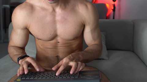 Media: Video of a shirtless, muscular white man with light skin, short hair, and a black watch, typing on a keyboard in a modern living room with a grey sofa and red lamp.