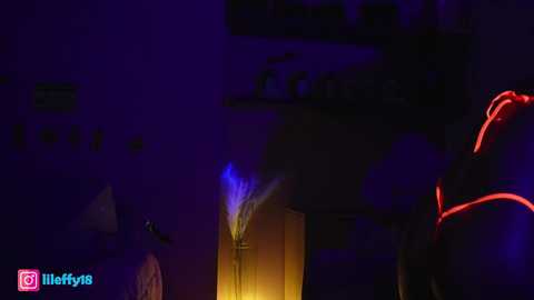 Media: Video of a dimly lit room with purple and blue lighting, featuring a person in the background with a red light illuminating their body, while a blue flame flickers nearby.