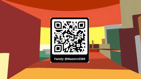 Media: A digital drawing featuring a QR code in the center, surrounded by a modern, minimalist corridor with red, yellow, and green geometric shapes on the walls. The corridor leads to a bright, abstract, colorful background.