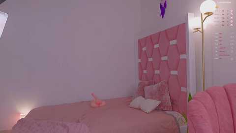 Media: A video of a pink-themed bedroom with a large, tufted headboard, plush pink bedding, and a floor lamp with a white shade.