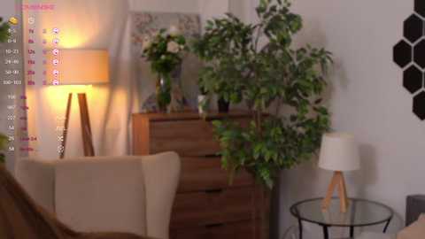 Media: A video of a cozy living room with a wooden dresser, potted plants, beige armchair, and a modern lamp on a glass table.