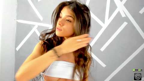 Media: Video of a young woman with long, wavy brown hair, wearing a white crop top, touching her hair. She has light skin and a slender physique. Background features a modern, gray geometric pattern.