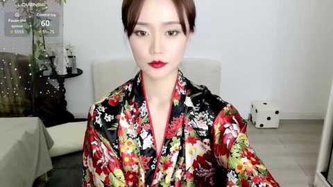 Media: Video of a fair-skinned Asian woman with straight, brown hair, wearing a vibrant floral kimono, standing in a modern, minimalist room with white walls and a black and white checkered floor.