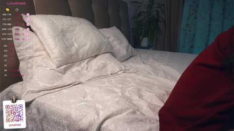 Media: Video of a neatly made bed with a beige comforter and pillows, featuring a red pillow on the right. A smartphone screen with a QR code is visible in the lower left corner.