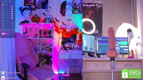 Media: Video of a vibrant, cluttered gaming setup with colorful LED lights, a chair, multiple monitors, and a dildo on the desk.