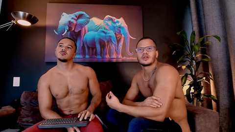 Media: Video of two shirtless, muscular men with light skin, sitting on a couch. One man has a beard and glasses, the other is clean-shaven. A colorful elephant painting hangs on the wall.