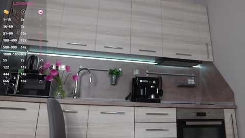 Media: A video of a modern kitchen with light wood cabinets, stainless steel appliances, a black coffee maker, pink flowers in a vase, and a sleek black microwave.