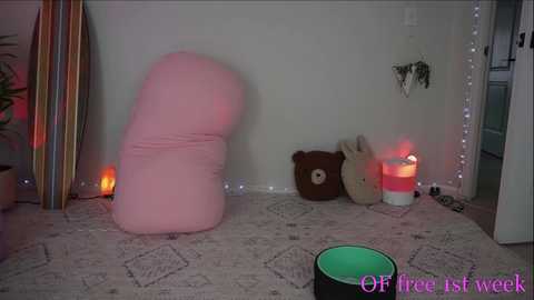 Media: Video of a cozy room with a large pink beanbag, plush toys, and candles on a patterned rug, illuminated by fairy lights, with \"Off Free First Week\" text in the corner.