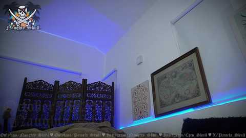 Media: Video of a modern, dimly lit bedroom with white walls, intricate wooden screen, blue LED strip lights, framed art, and a plush, dark-colored bedspread.