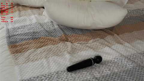 Media: Video of a white bed with a beige and grey checkered blanket, a white pillow, and a black vibrator on the bedspread.