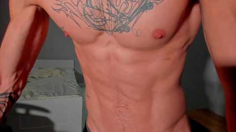 Media: Video of a shirtless, muscular man with a prominent tattoo of a skeleton on his chest, standing in a bedroom with a white bed and green sheets.