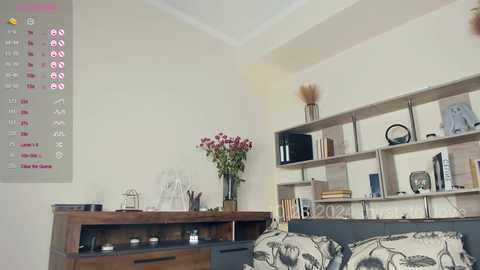 Media: Video of a modern living room with a wooden TV stand, vase of flowers, white shelves, books, and a grey couch with patterned pillows.