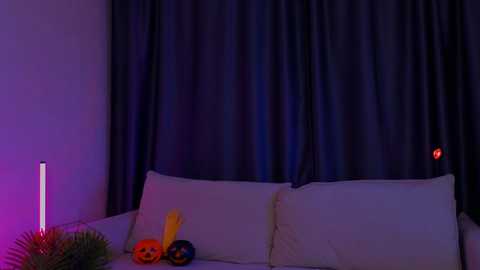 Media: A video of a dimly lit bedroom with a bed covered in white sheets. Two plush toys, one a pumpkin and the other a yellow dog, rest on the pillows. Dark curtains create a moody atmosphere.