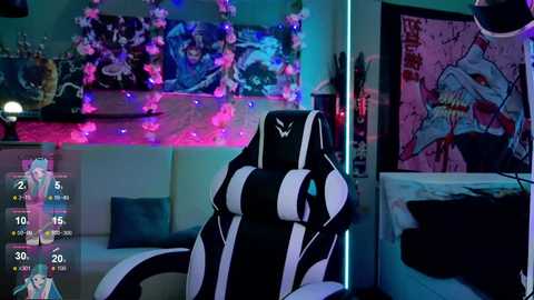 Media: Video of a gamer's room with a black and white gaming chair, vibrant anime posters, and colorful fairy lights.