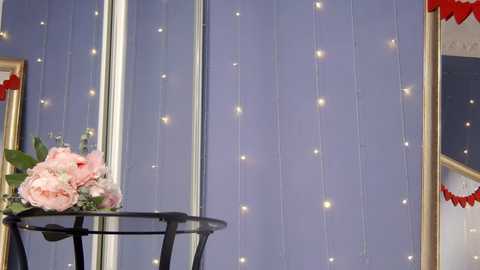 Media: Video of a room with a blue backdrop adorned with fairy lights and a pink hydrangea bouquet on a black metal stand.