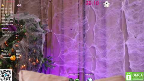 Media: A screenshot from a video game, \"Dungeon Keeper,\" shows a haunted room with a glowing purple mist, a spider web, a ghost, and a decorated Christmas tree.