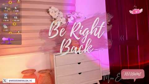 Media: Video of a cozy bedroom with a white dresser, floral decorations, and a \"Be Right Back\" text overlay on a pink wall.