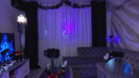 Media: Video of a dimly lit living room with a TV, dark furniture, a white curtain, and a blue and purple light.