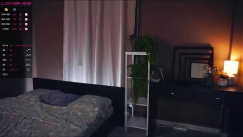 Media: Video of a dimly lit bedroom with a bed covered in floral bedding, a white ladder shelf, a desk with a lamp, and a window with white curtains.