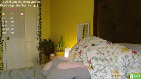 Media: Video of a cozy bedroom with yellow walls, floral bedspread, and a white door. Text overlay reads, \"Tip: 25 likes what you see! Don't forget the thumbs up.\