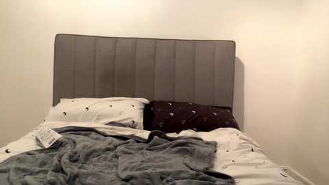 Media: Video of a minimalist bedroom with a gray upholstered headboard, white pillows, and a light gray blanket. The room has plain white walls and a disheveled bed with a dark pillow and a patterned pillowcase.