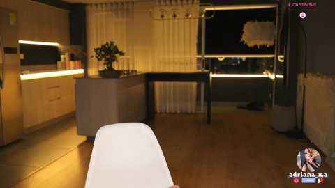 Media: Video of a modern, dimly lit kitchen with a white massage table in the foreground. The background features a counter with potted plants, a sink, and a black dining table.