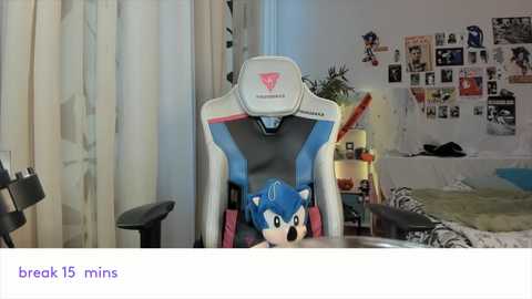 Media: Video of a modern gaming chair with Sonic the Hedgehog plushie, in a cluttered bedroom with posters and a bed.