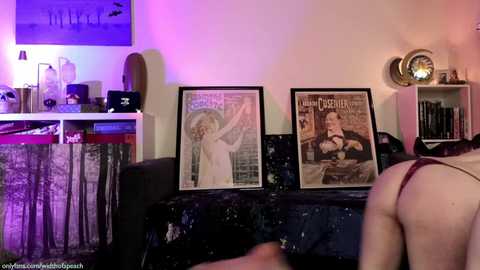 Media: Video of a dimly lit room with a dark couch, two framed magazine covers, a person partially visible in a red top, and a bookshelf with various items.