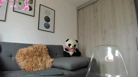 Media: A video shows a gray sofa with a fluffy brown pillow, a white lamp, a panda wearing a pink scarf, and framed art on beige walls.