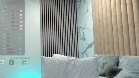 Media: Video of a modern living room with a gray couch, beige vertical blinds, and a marble-patterned accent wall. A digital clock display on the left shows the time.