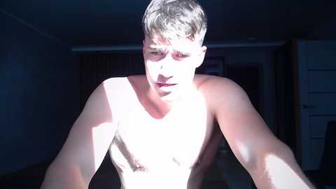 Media: Video of a shirtless, fair-skinned, young man with short, blonde hair, looking down in a dimly lit room. His physique is lean and muscular, with visible abs and arms. The background shows a darkened room with a closed door and window shades.