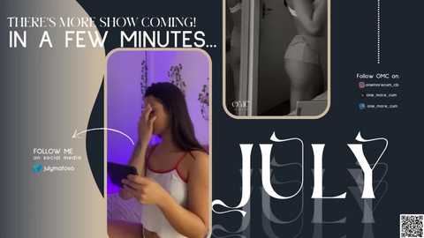 Media: Video collage featuring a woman with long dark hair, wearing a white tank top, covering her face with one hand. Text reads, \"THERE'S MORE SHOW COMING IN A FEW MINUTES... FOLLOW ME.\