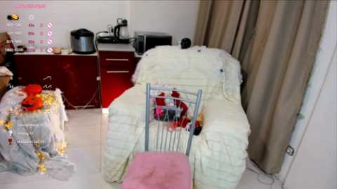 Media: A video of a domestic room with a metal chair covered in white blankets, surrounded by decorative items, a small table, and kitchen appliances against a beige wall.