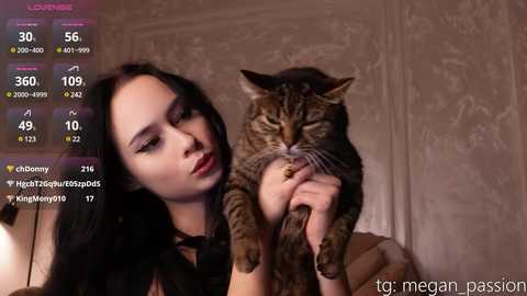 Media: A young Asian woman with long black hair and fair skin cradles a tabby cat, wearing a black top. Background shows a beige, floral-patterned curtain. Social media icons, \"t.me/meaganpassion,\" and \"t.me/healthDepression,\" are visible.