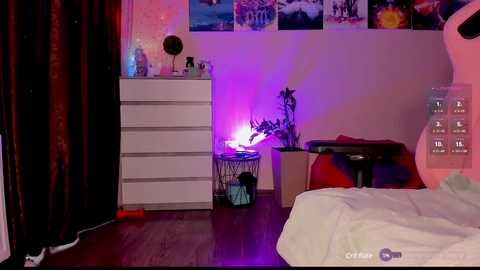 Media: Video of a cozy bedroom with white dresser, black curtains, purple lighting, plant, and white bed.