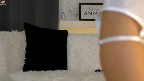 Media: Video of a plush, white, faux fur sofa with a black square cushion. A blurred, white-clad figure stands in the foreground. Background includes a framed \"Ann\" sign and a glass vase on a shelf.