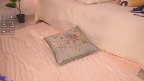 Media: Video of a cozy bedroom with a cream-colored bed, green cushion, beige rug, and a plant in a pot.