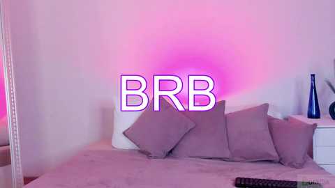 Media: Video of a modern bedroom with a white bed, gray pillows, a blue vase on a nightstand, and a \"BBR\" text overlay in bright pink.